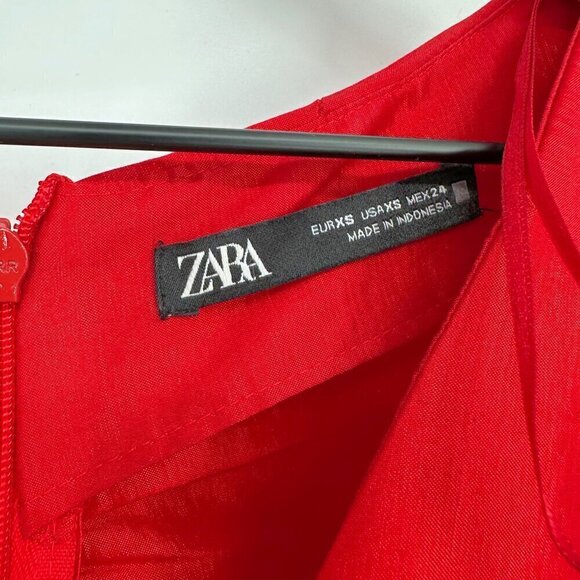 ZARA Draped Ruched V-Neck Mini Dress Gathered Puff Sleeve in Red Women's XS - Picture 6 of 11